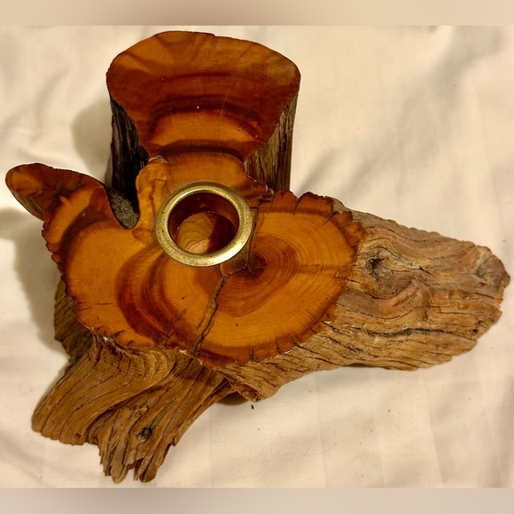 Vintage 70s Mid Century Candle Holder Raw Edge Wood Mountain Cabin Candleholder - Picture 11 of 16